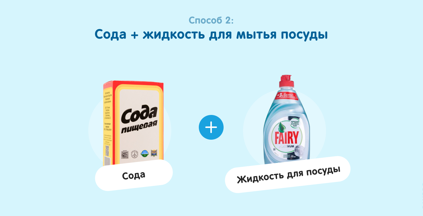 Использование соды и жидкости для мытья посуды